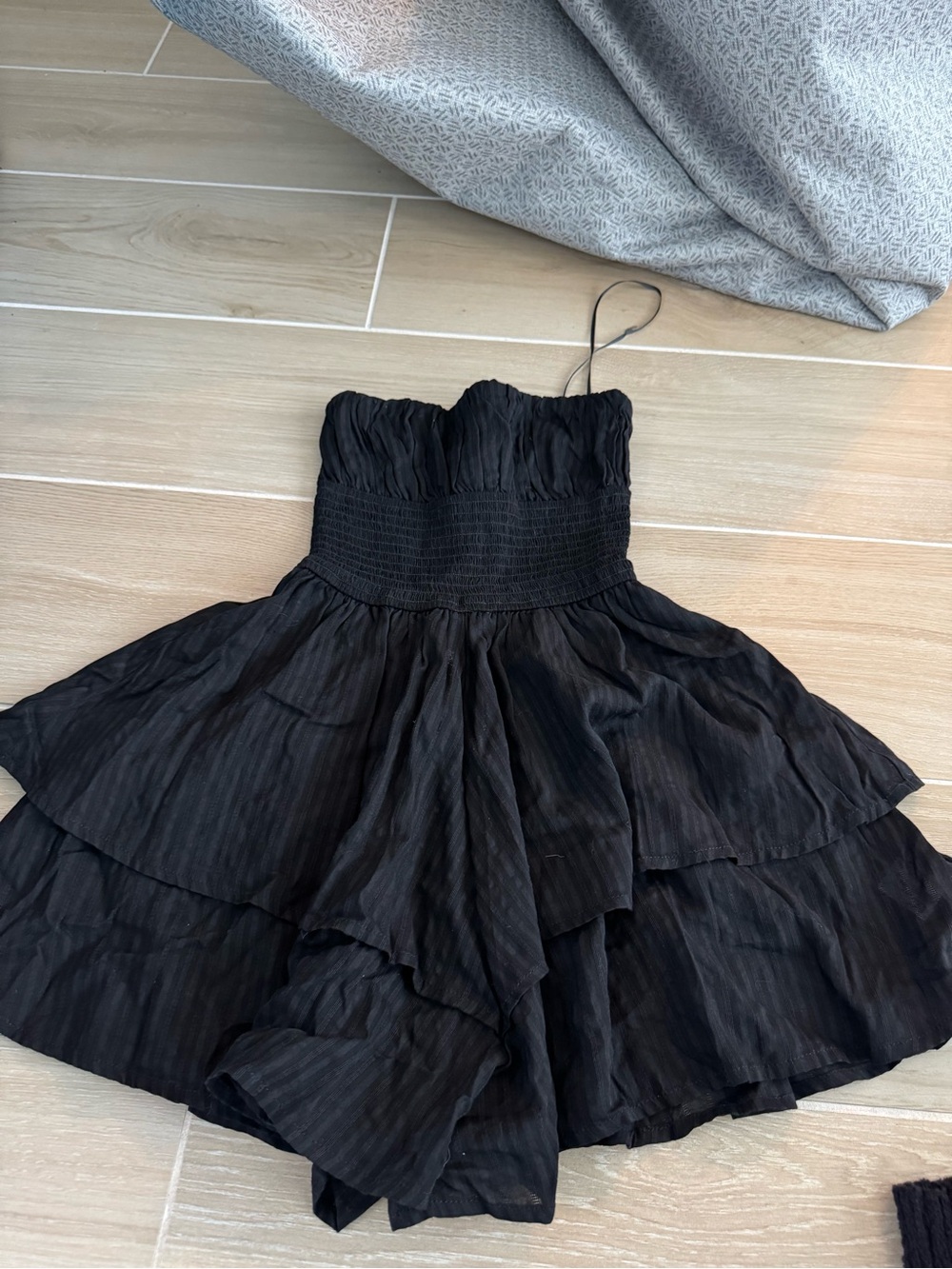 Black Strapless Tiered Mini Dress with Smocked Waist